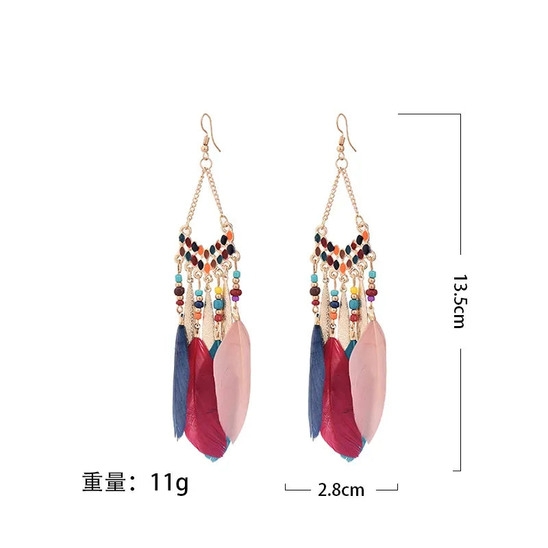 Bohemian Ethnic Feather Dangle Earrings for Women - Colorful Beaded Tassel Drop Jewelry