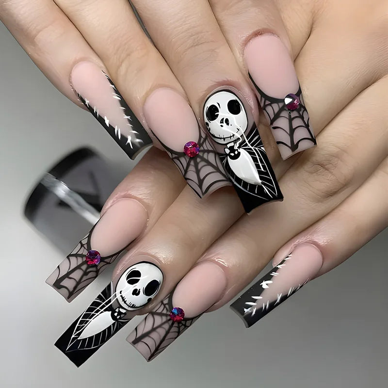 Halloween Press-On Nails with Skull Spider French Full Cover Fake Tips - 24pcs