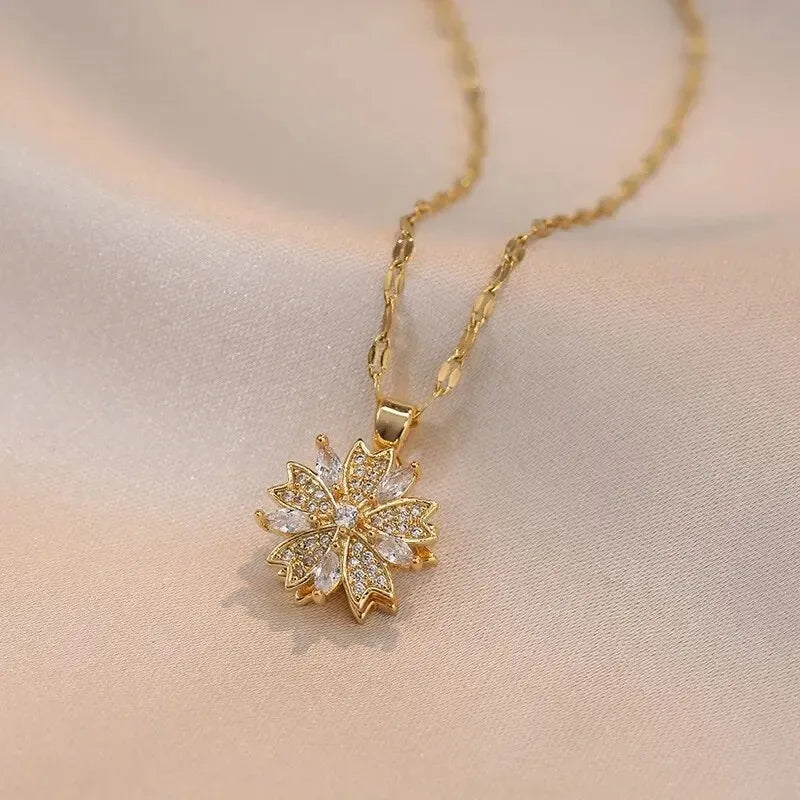 Luxury Zircon Flower Pendant Necklace for Women Gold Tone Chain Jewelry