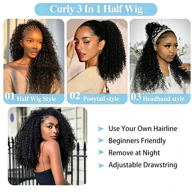 Curly Half Wig 200% Density Human Hair Headband Wig No Leave Out 16-32 Inches