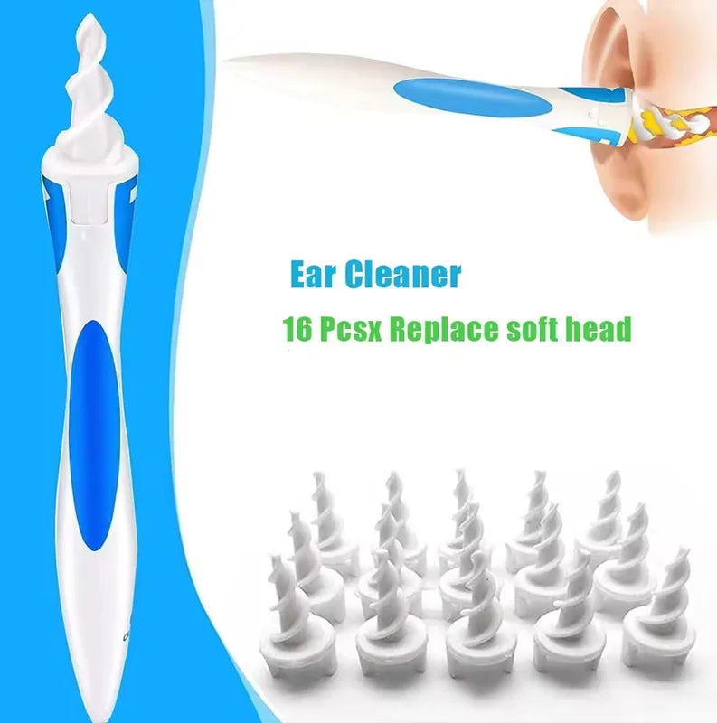 Blue Silicone Spiral Ear Wax Remover Tool with Reusable Tips - Washable & Safe