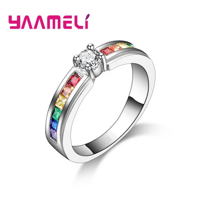 Rainbow Cubic Zircon Rings for Women Wedding Engagement Jewelry US Sizes 6-10