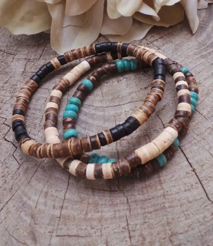 Beaded Wooden Bracelets for Men and Women - Handmade Turquoise & Natural Wood Stretch Jewelry