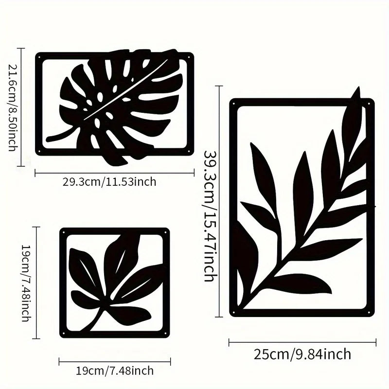 Metal Wall Art Sculpture - Black Iron Leaf Decor for Living Room & Home