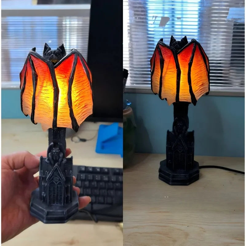 Gothic Bat Lamp with Red Glow - Decorative Wings of Night Halloween Resin Table Light