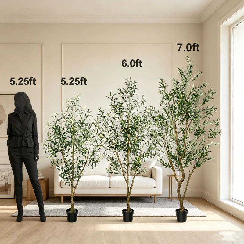 Artificial Olive Tree Indoor Floor Plant - 5.25FT, 6.10FT, 7.10FT Tall Faux Tree with Natural Trunk and Lifelike Fruits