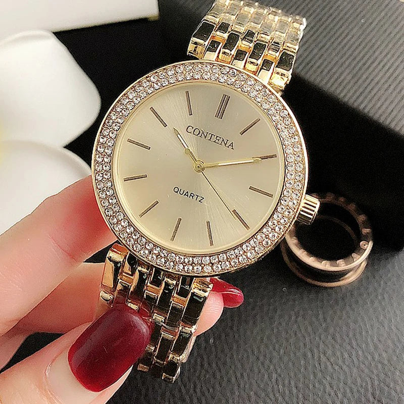 Luxury Women's Fashion Quartz Watch with Rhinestones and Stainless Steel Band