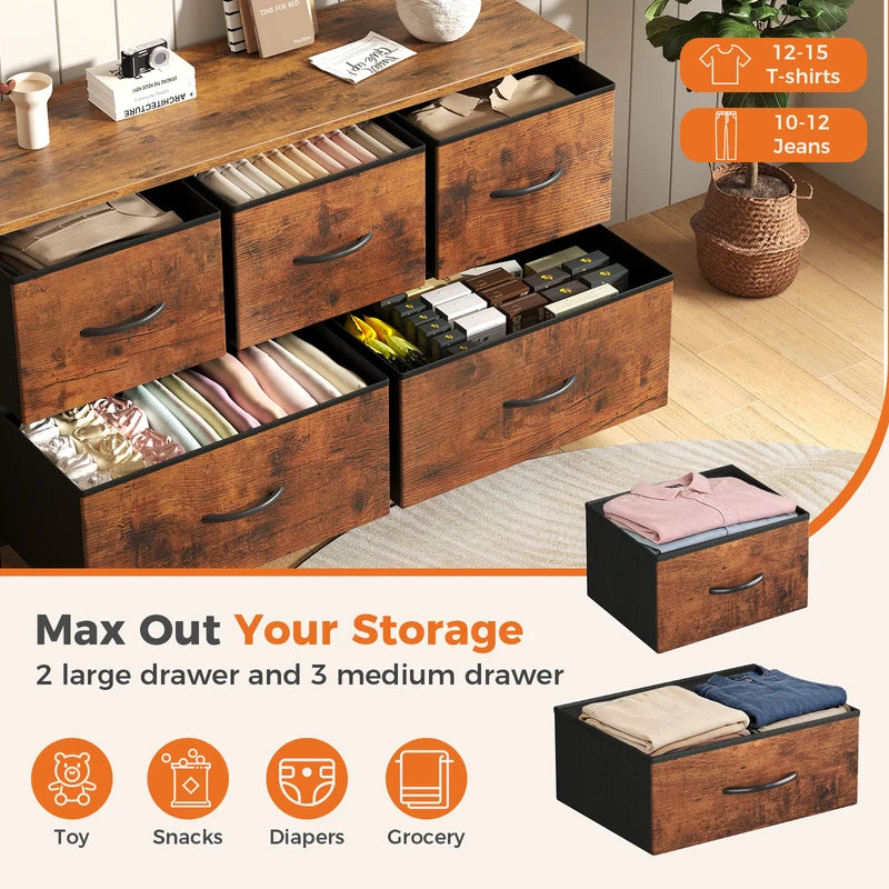 5-Drawer Fabric Dresser with Wooden Top and Metal Frame for Bedroom & Living Room Storage