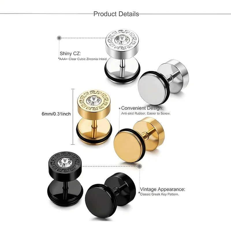 2-Pack Men's Stainless Steel Ear Studs, Hip-Hop Punk Style Piercing Accessories, Matching Couple's Jewelry