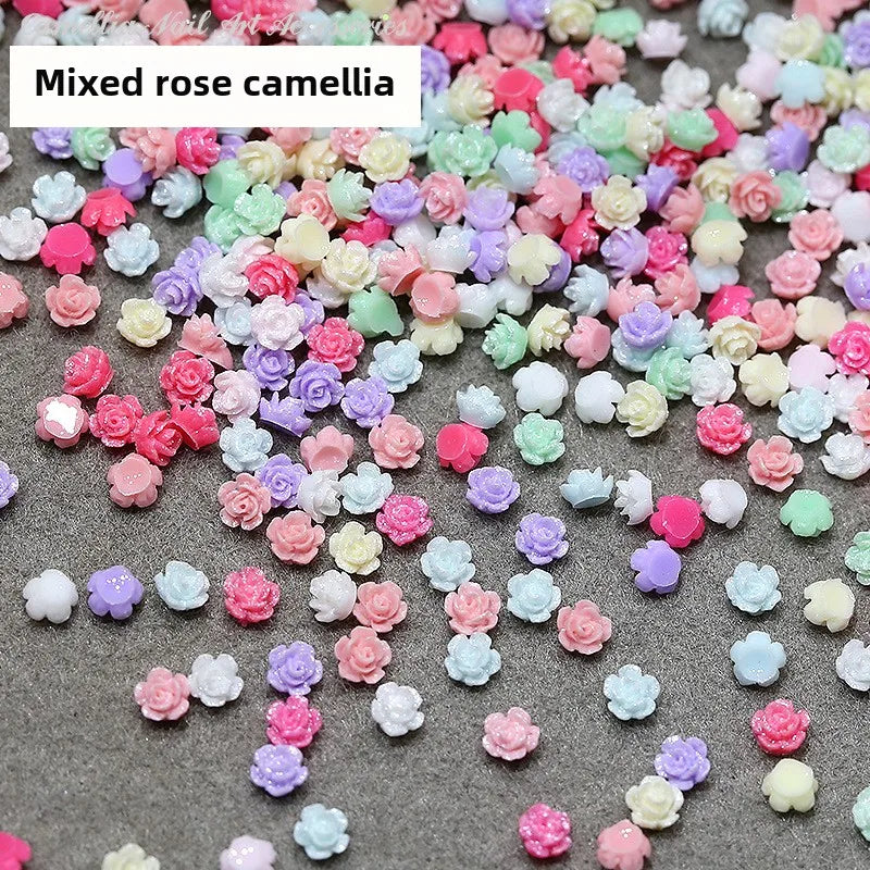 Mini 4mm Colorful Camellia Rose Resin Nail Art Flowers - Rhinestones & Decorations