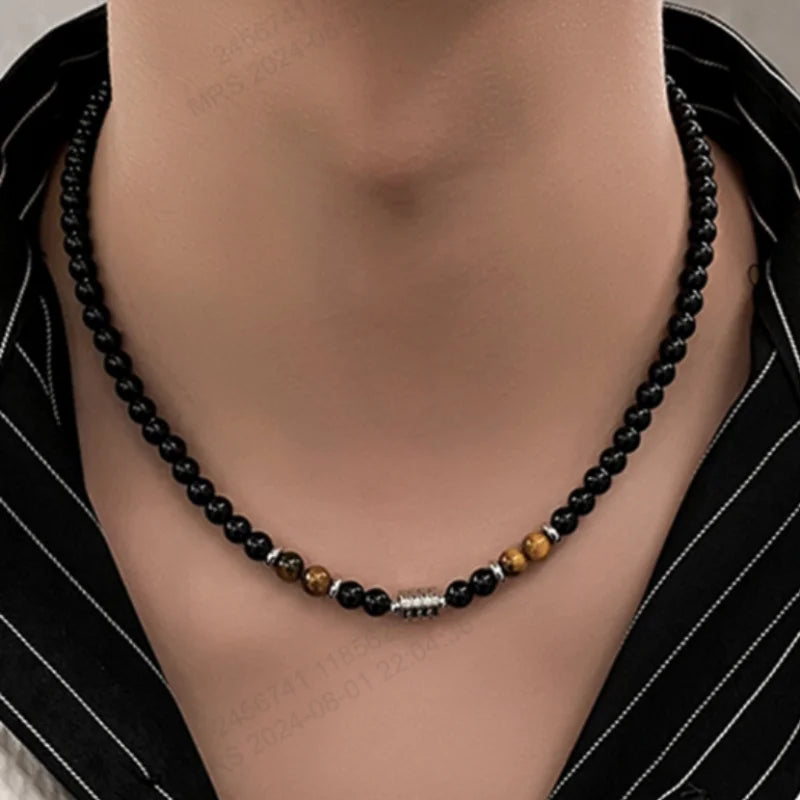 Mens Stone Necklace Hip Hop Punk Stainless Steel Natural Tiger Eye Beads Jewelry