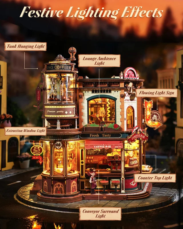 Wooden 3D Puzzle Coffee Factory Music Box Kit with LED Lights - DIY Model for Adults