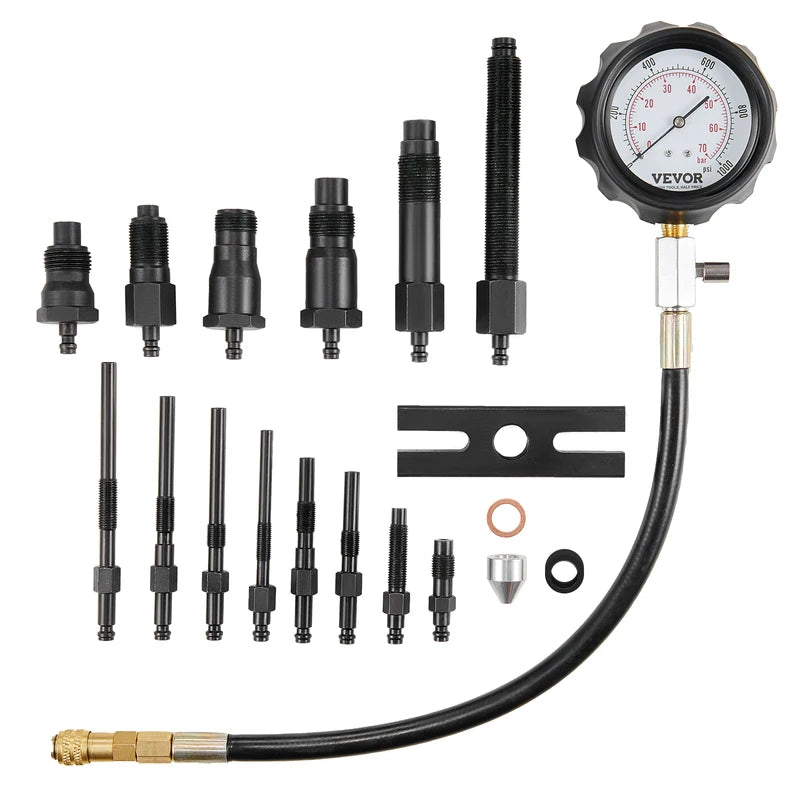 Diesel Engine Compression Tester Kit with 18 Adapters - Heavy Duty Cylinder Pressure Test Tool