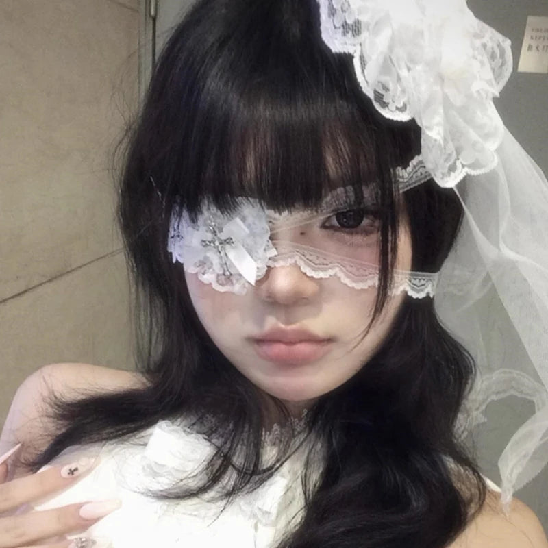Halloween Punk Cross Eye Mask Women Gothic Lace Bow Accessory