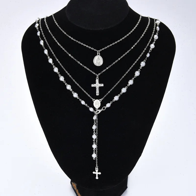 Boho Multi Layer Pearl Necklace Set for Women with Cross Pendant | Hip Hop Jewelry