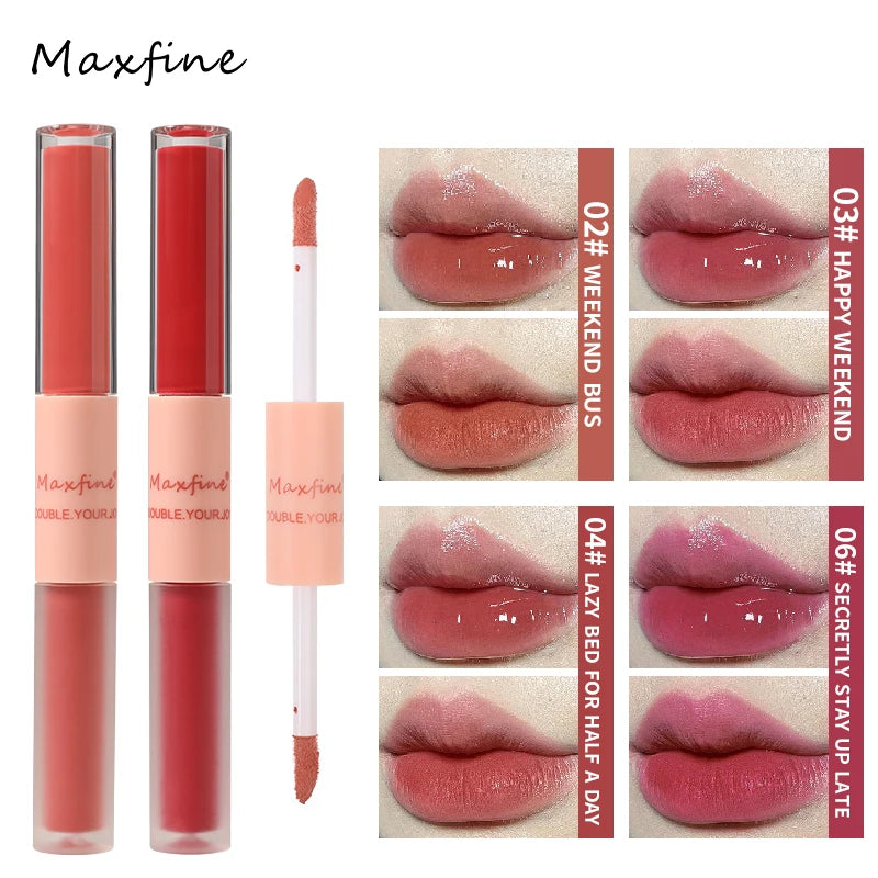 Double End Lip Gloss with Mirror & Velvet Matte Finish - Long Lasting Moisturizing Lip Makeup