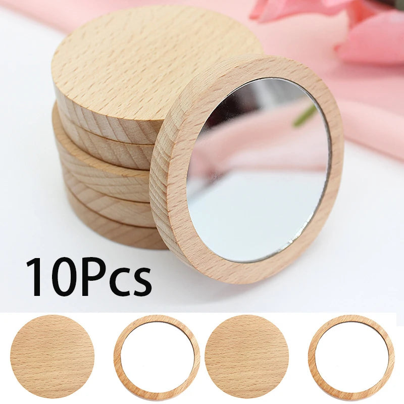 Mini Wooden Makeup Mirror Set - Portable Round Cosmetic Reflectors for Women