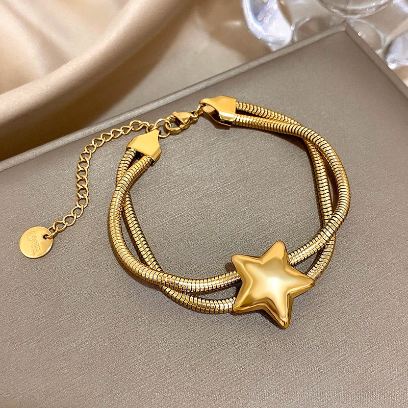 Vintage Double-Layer Stainless Steel Elastic Chain Bracelet with Star Charm - Waterproof Jewelry