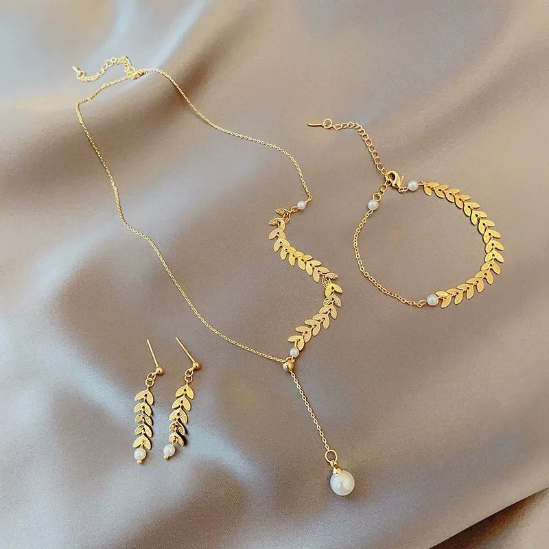 Women Jewelry Sets Necklace Bracelet Earrings Gold Wheat Charm Wedding Party Gift