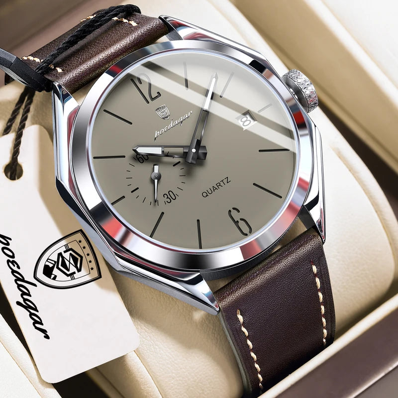 Men's Waterproof Leather Quartz Watch with Luminous Dial and Date - Business Style