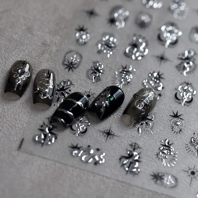 Gold Stamped Silver Sun Stars Snake Nail Art Stickers - Self-Adhesive Manicure Decals