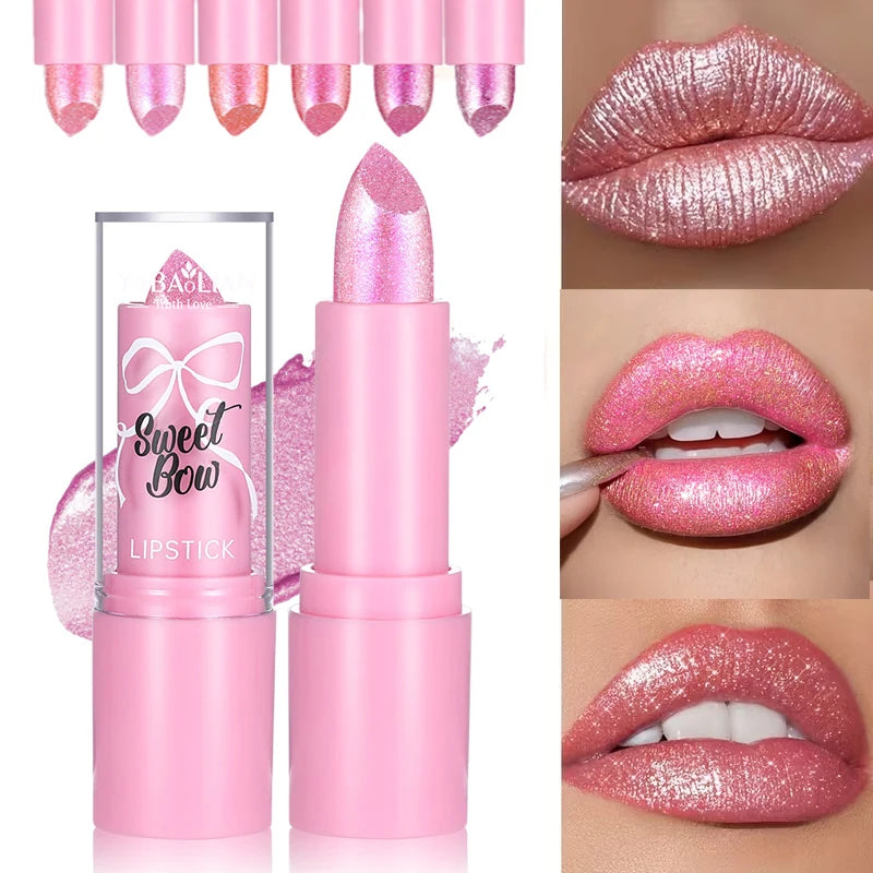 Sparkling Bow Lipstick Set - 6 Glitter Shades, Long-Lasting & Moisturizing