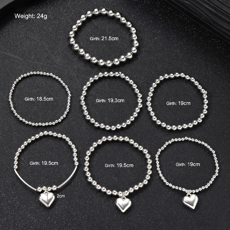 7-Piece Heart Charm Beaded Bracelet Set for Women Vintage Multi-Layer Jewelry Gift