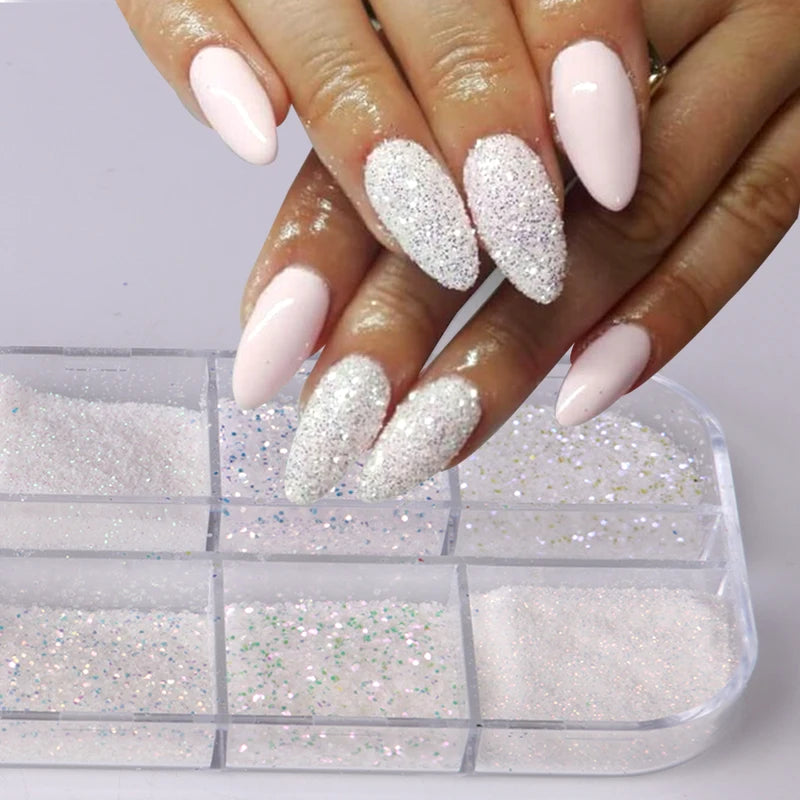 12 Grids White Iridescent Nail Glitter Powder - Fine Sugar Flakes for Wedding & Manicure DIY