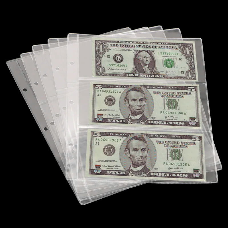 5PCS Transparent Loose Leaf Banknote Holder Sheets - 3 Slot Paper Money Album