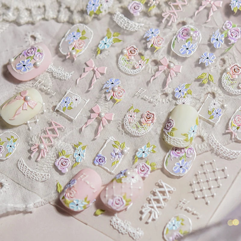 Self-Adhesive 5D Nail Art Stickers with Lace Bowknot Flowers and Pearls