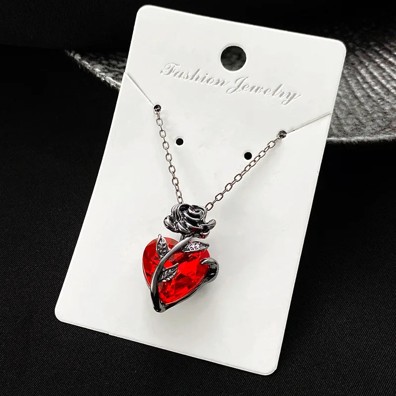 Gothic Rose Red Heart Necklace for Women Y2K Grunge Jewelry Dainty Pendant