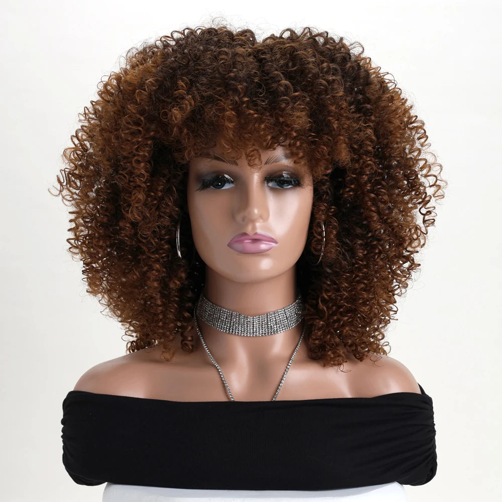 16 Inch Afro Kinky Curly Synthetic Wig with Bangs for Party Cosplay & Daily Wear