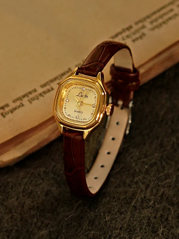Mini Gold Square Dial Women's Wristwatch - Vintage-Style, Water-Resistant with Leather Band