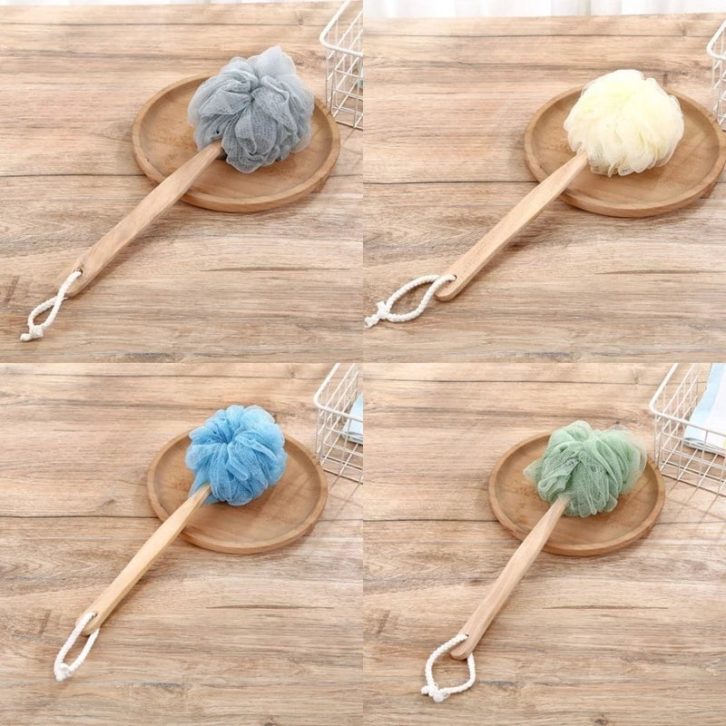 Wooden Handle Bath Brush with Soft Mesh Back Scrubber for Exfoliating & Body Cleaning