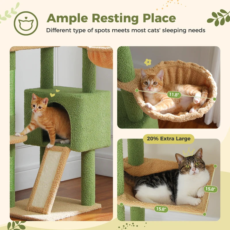 Adjustable Floor-to-Ceiling Cat Tree Tower with Cactus Design, Condo, Hammock & Scratching Post