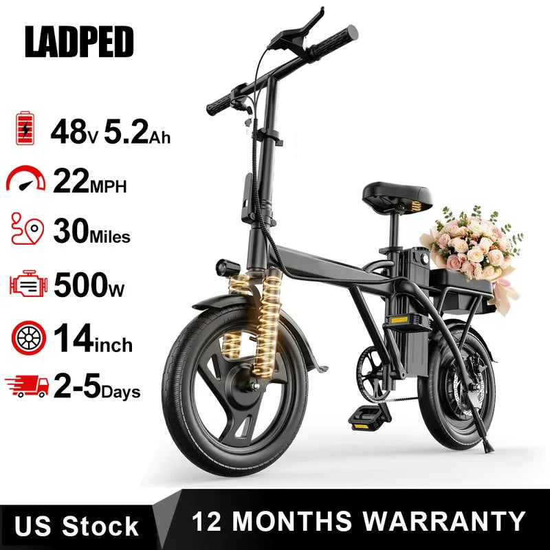 Foldable Electric Bike 500W Motor 48V Battery Max 22 MPH Range 30 Miles