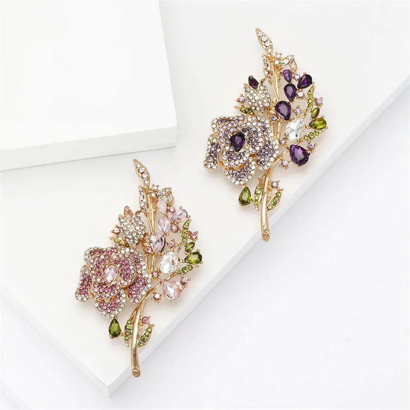Vintage Rhinestone Rose Brooch Water Drop Crystal Flower Jewelry for Women Lady