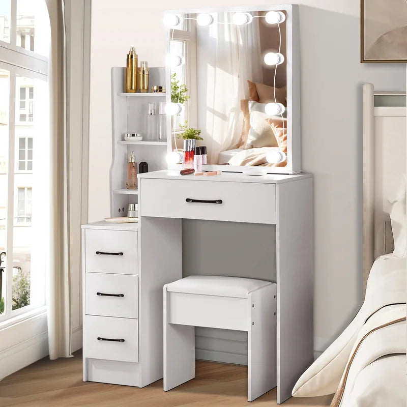 Modern White Dressing Table Set with Adjustable LED Mirror & 4 Drawers