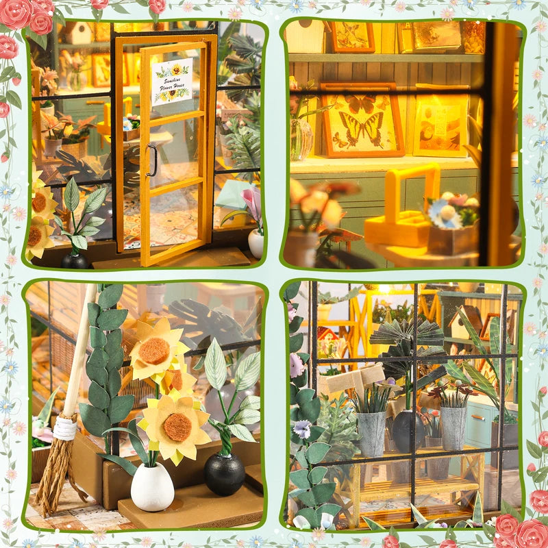 Miniature Garden House Kit with Furniture, LED Light and Wooden Greenhouse Model