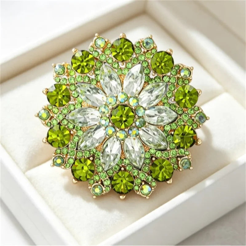 Luxury Green Rhinestone Sunflower Brooch Pin for Women Party Jewelry Accessories