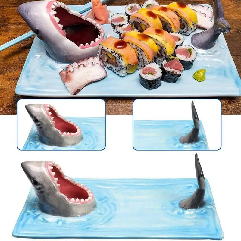 Shark-Shaped Ceramic Plate for Sushi Snacks and Decorative Tableware - Blue Grey