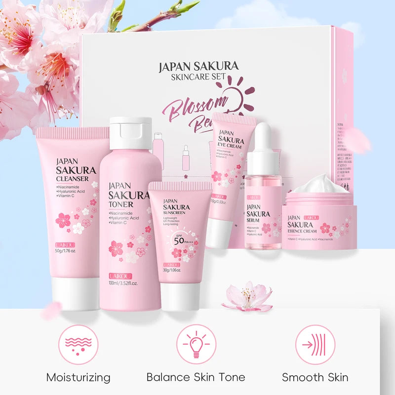 Sakura Skincare Set - Cleanser, Toner, Serum, Eye Cream, Sunscreen & Travel Kit