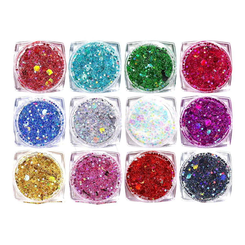 12 Colors Face & Body Glitter Gel - Holographic Sequins for Festival & Party