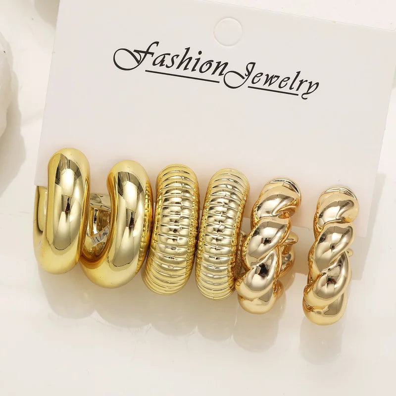 6-Piece Chunky Gold Plated Waterdrop Hoop Earrings Set for Women - Elegant Jewelry
