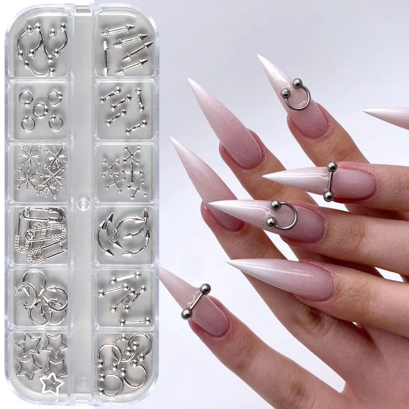 12-Grid Metallic Nail Charms Set - Punk Gothic 3D Studs & Rivets for Nails
