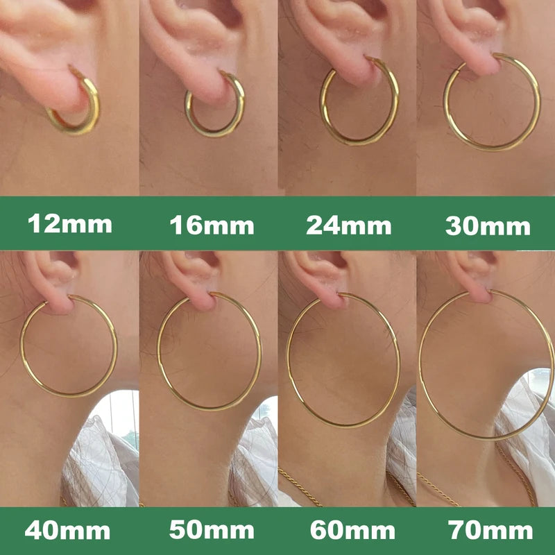 Minimalist Stainless Steel Hoop Earrings for Women – 12-70mm Round Gold or Silver Plated Jewelry
