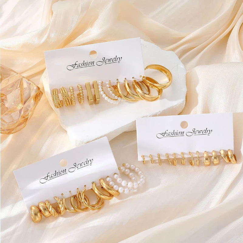 Geometric Hoop Earrings Set for Women Vintage Bohemian Pearl Gold Jewelry Gift