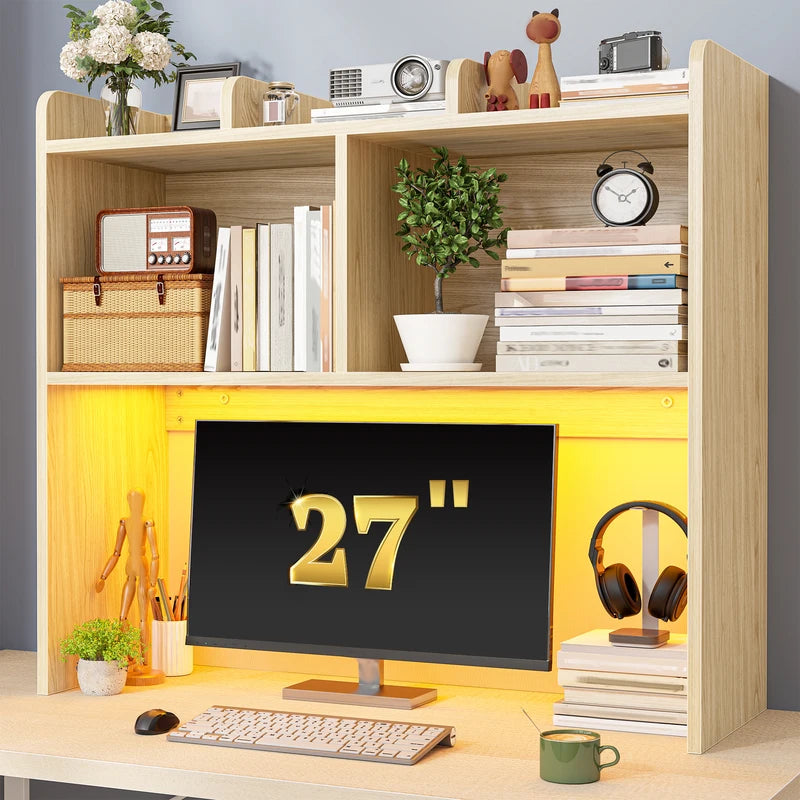 3-Tier Desk Hutch with LED Lighting and 6 Shelves - Space-Saving Office Organizer