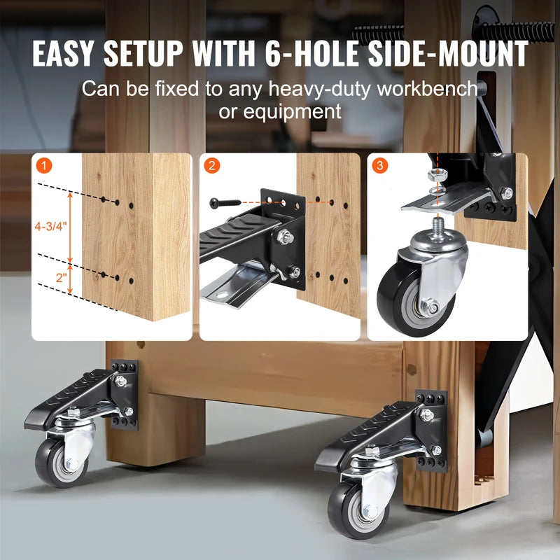 Heavy Duty Workbench Caster Wheels Set - 165 lbs, 2.5-inch Swivel, Side Mounted, Retractable, 360° Rotation