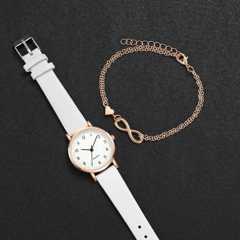 Women's Leather Band Quartz Watch Set with Heart Bracelet - Gold, Arabic Dial